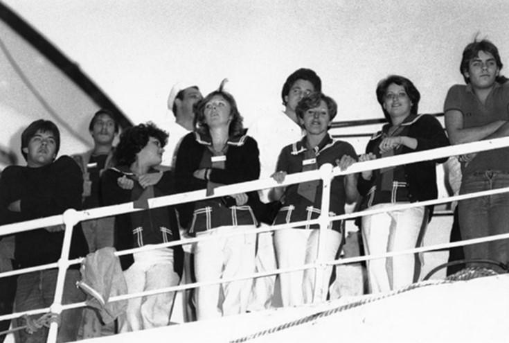 As Canberra left Southampton for the Falklands on 9th April 1982, the crew onboard waved their goodbyes. (My mum is the third woman from the left)